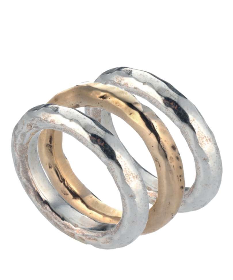Anello tripla fedina martellata in argento e&nbsp;bronzo
